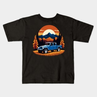 Jeep Gladiator Fall Mountain Scene With Retro Sunset Kids T-Shirt